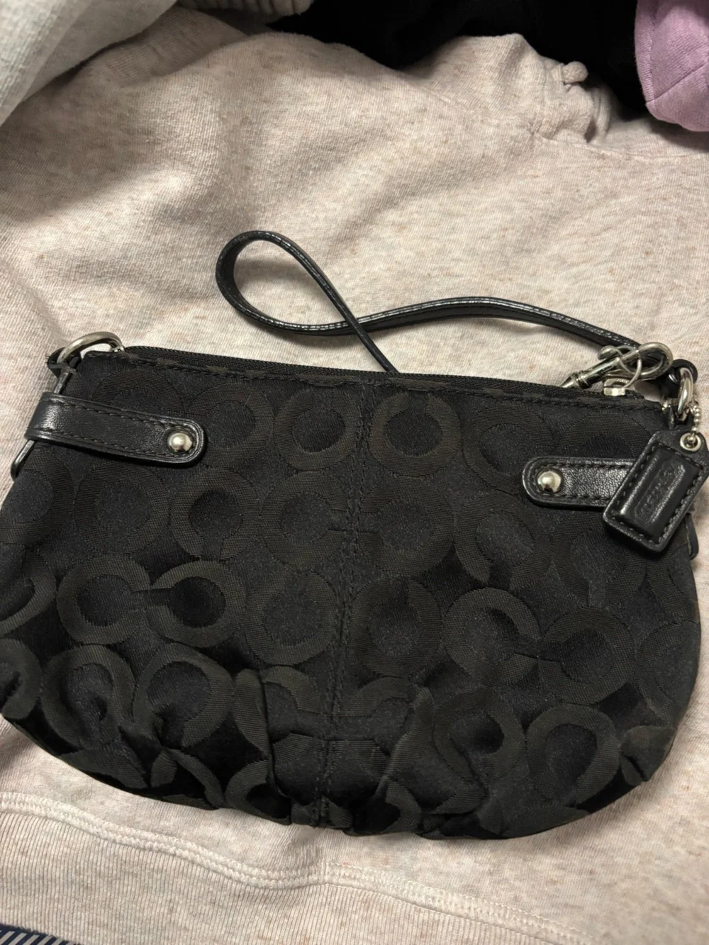 Coach Black Signature Wristlet with Chain-Link Detail